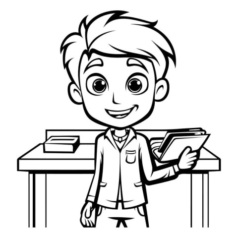 Black and White Cartoon Illustration of Kid Boy Student with Tab