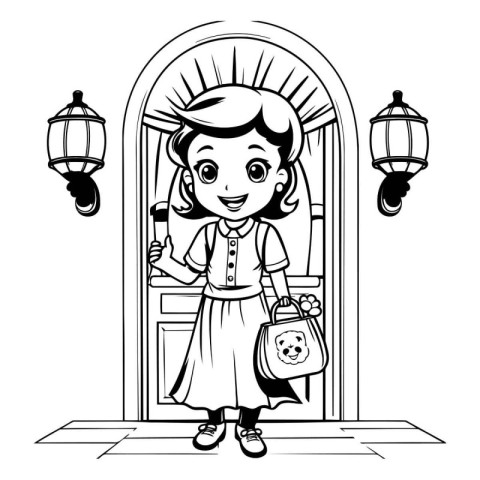 Cute cartoon girl with bag and lanterns in the door.