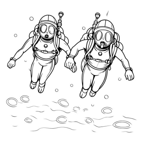 Two scuba divers jump into the water. Black and white vector ill