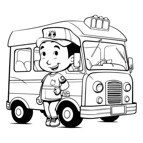 Illustration of a Kid Boy Driving a School Bus - Coloring Book