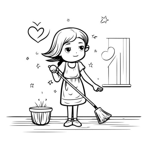 Cute cartoon girl cleaning the house with a broom. Vector illust