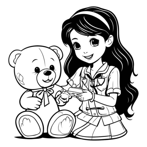 Black and White Cartoon Illustration of a Little Girl Holding a