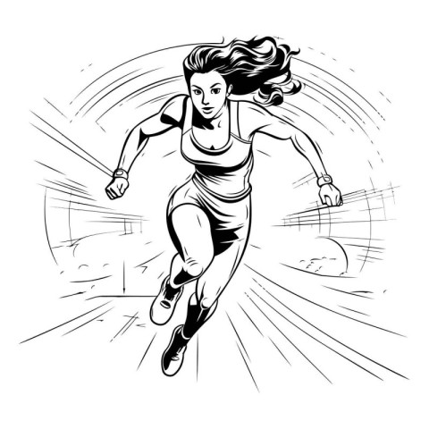 Running woman. Black and white vector illustration ready for vin