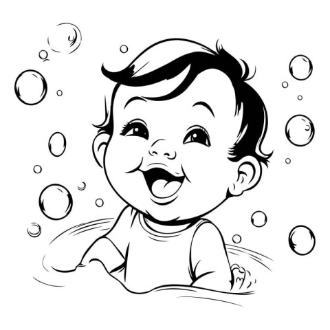 Cute little baby boy in swimming pool. Black and white vector il