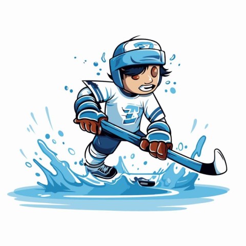 Cartoon ice hockey player with a stick in action. Vector illustr