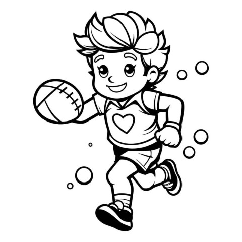 Black and White Cartoon Illustration of Kid Boy Playing Volleyba