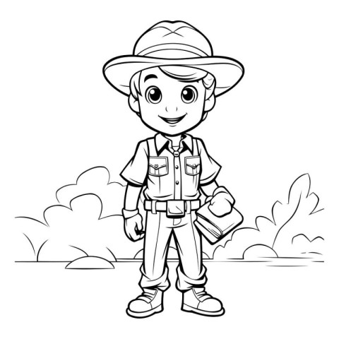 Black and White Cartoon Illustration of Little Boy Scout or Expl