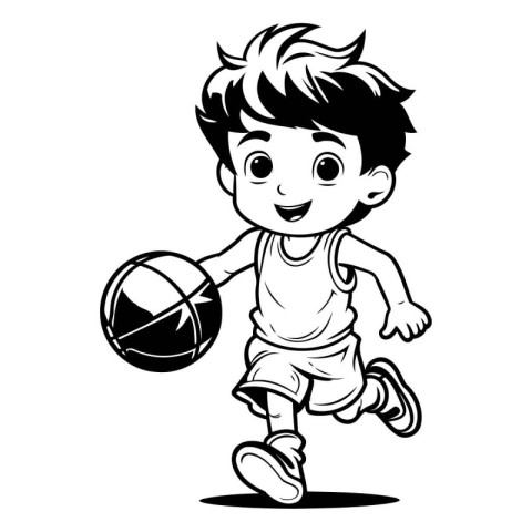 Little boy playing basketball - Black and White Cartoon Illustra