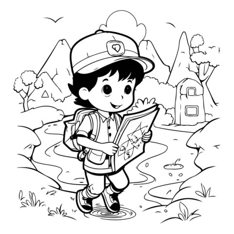 Black and White Cartoon Illustration of Kid Boy Traveling with a