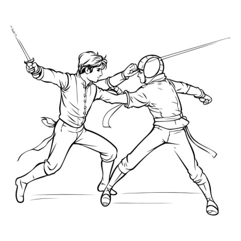 Fencing. Hand drawn illustration of a man and woman in fencing s