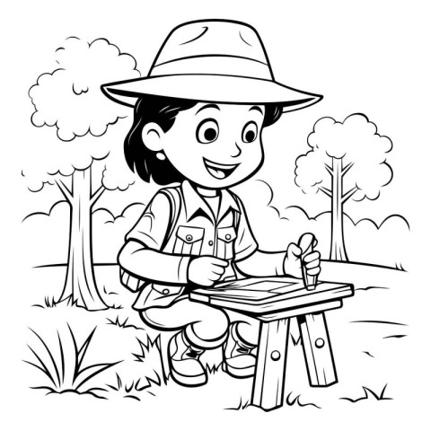 Coloring Page Outline Of a Kid Boy Camping Outdoors