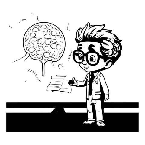 Vector cartoon illustration of a boy scientist looking at the br