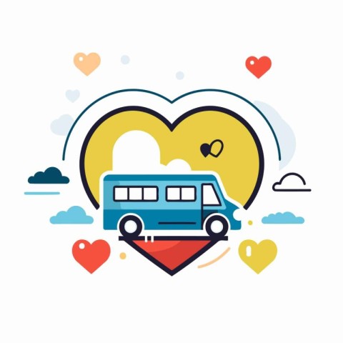 Flat line art style vector illustration of travel bus and heart.