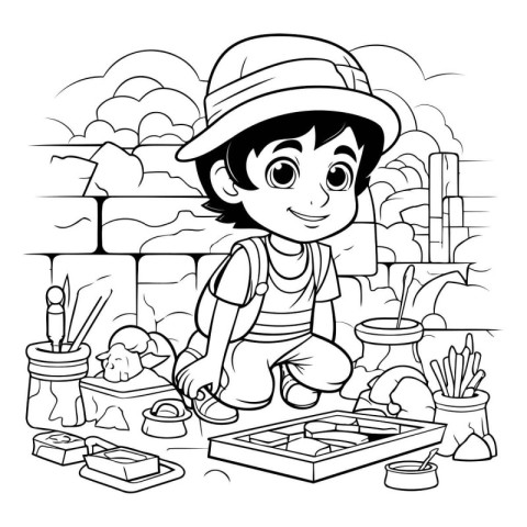 Outline illustration of a boy playing in the garden. coloring bo