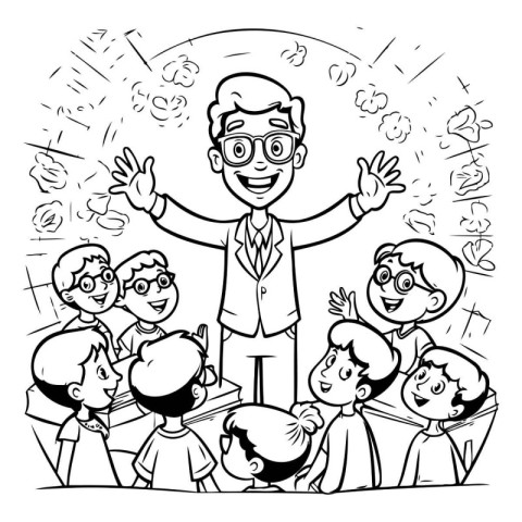 Black and white cartoon illustration of a teacher giving a speec