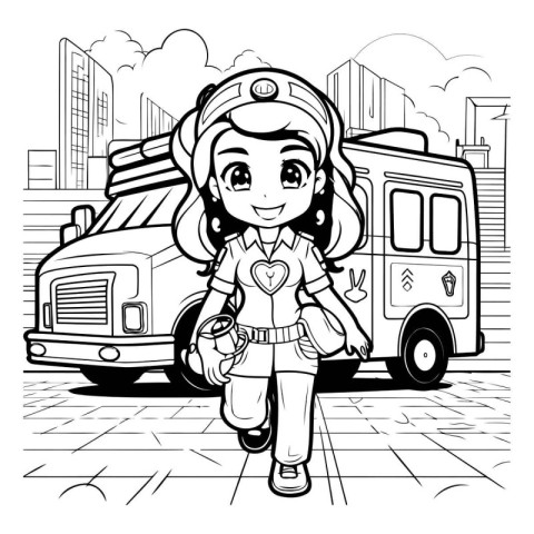 Vector illustration of a girl in the form of a firefighter on th