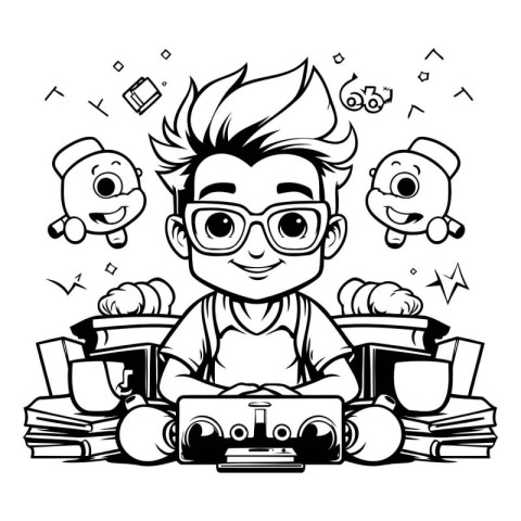 Boy with books. Black and white vector illustration for coloring