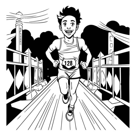 young man running in the city. black and white vector illustrati