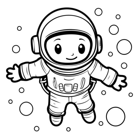 Cute astronaut in spacesuit. Black and white vector illustration