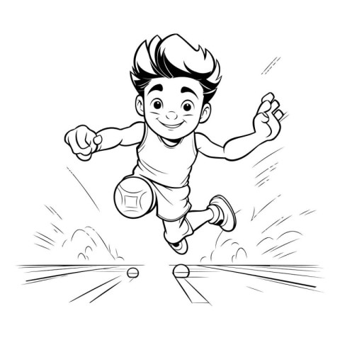 Cartoon boy running with a ball in his hand. Vector illustration