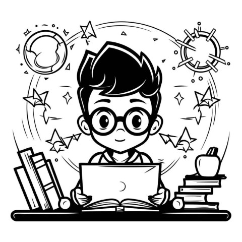 Boy Student With Laptop And Books. Black And White Vector Illust