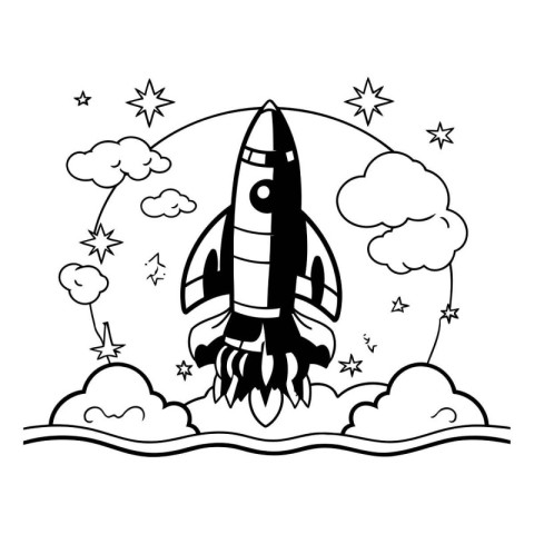 rocket ship flying in the sky with clouds black and white vector