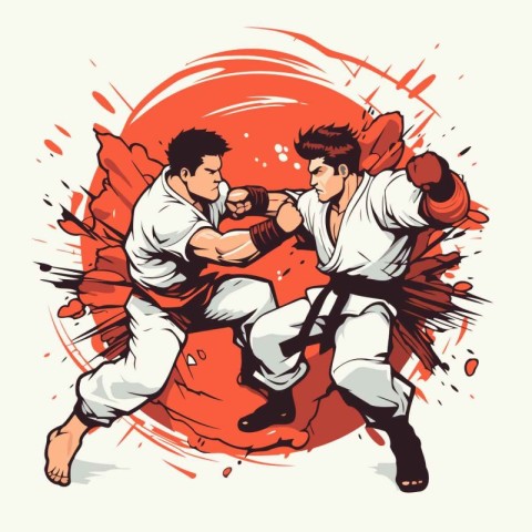 Martial arts. Two karate fighters in action. Vector illustration