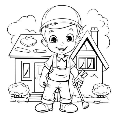 Black and White Cartoon Illustration of Cute Little Boy with Sho