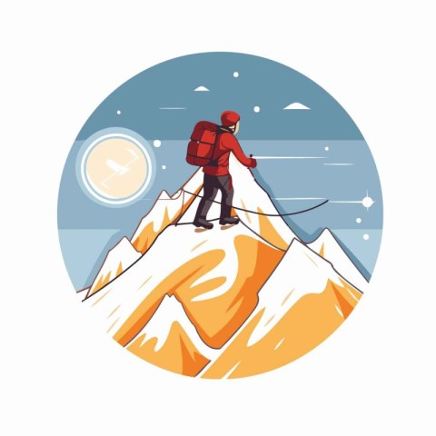 Hiker on the top of mountain. Vector illustration in flat style