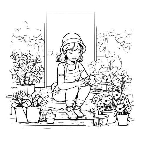 Outdoor gardening coloring page for adults and kids. Vector illu