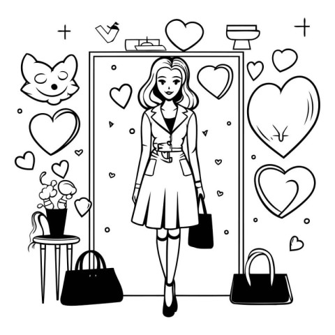 Fashion girl in the shop. Black and white vector illustration.