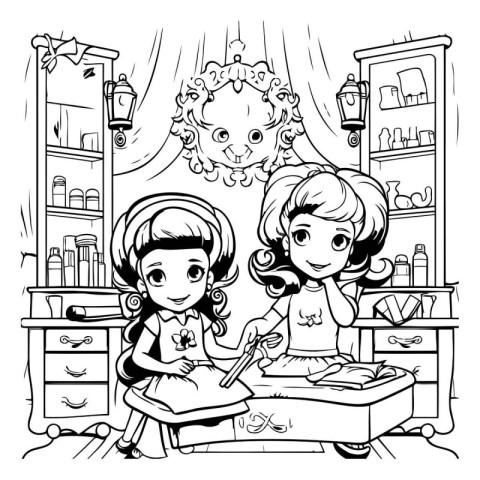 Girl hairdresser at work. Black and white vector illustration.