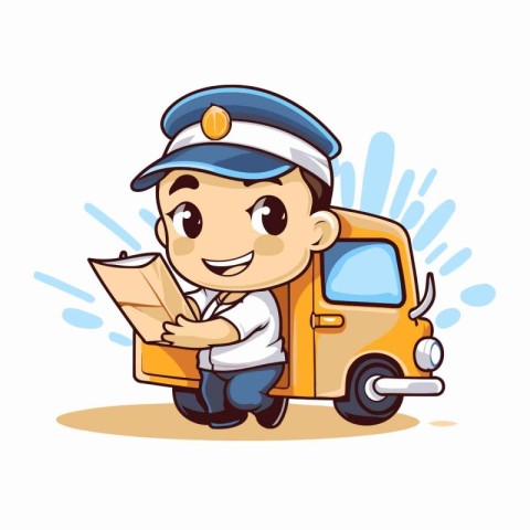 Cute boy in police uniform delivering a letter. Vector character