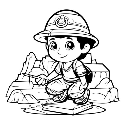 Black and White Cartoon Illustration of a Kid Boy Climbing on a