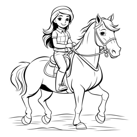 Cute little girl riding a horse. black and white vector illustra