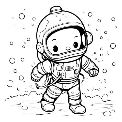 Cute astronaut in space suit. Black and white vector illustratio