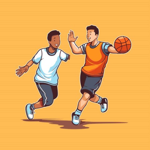 Two men playing basketball. Vector illustration in cartoon style