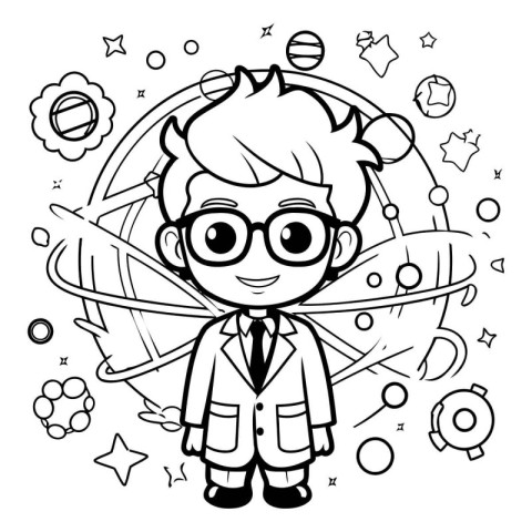 Coloring book for children: boy in science costume. Black and wh