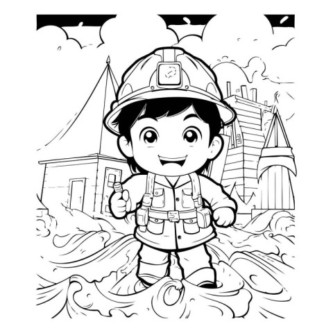 Black and White Cartoon Illustration of Kid Firefighter or Firem