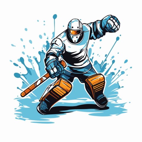 Hockey player with stick and puck in action. vector illustration