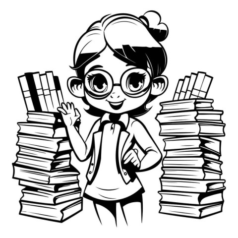 Schoolgirl with books - black and white vector illustration for