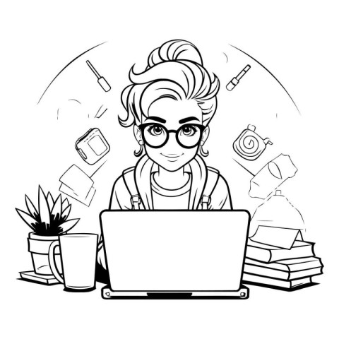 Freelance woman with laptop. Vector illustration in black and wh