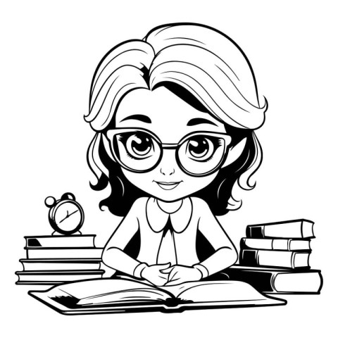 Black and White Cartoon Illustration of Girl Student with Books