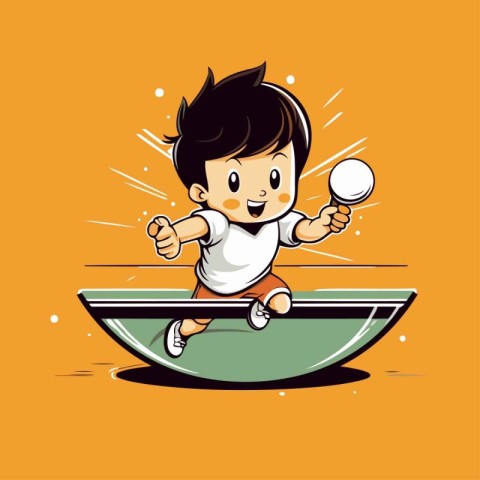 Cartoon boy playing table tennis in the boat. Vector illustratio