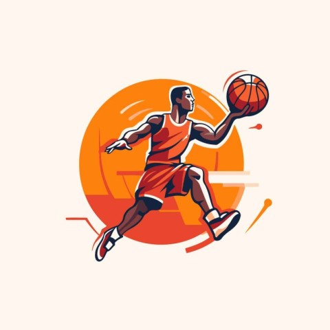 Basketball player in action with ball. Vector illustration in re