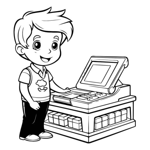 Boy with cash register - black and white vector illustration for