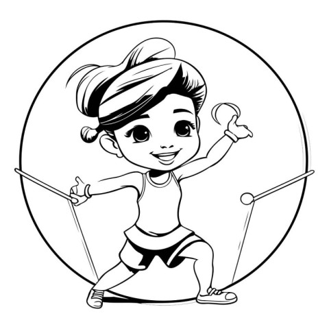 Fitness girl cartoon in black and white round icon vector illust