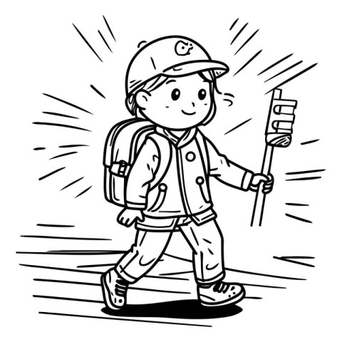 Cartoon illustration of a boy scout walking with a backpack and