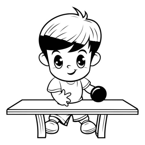 Boy doing exercises with dumbbells. black and white vector illus