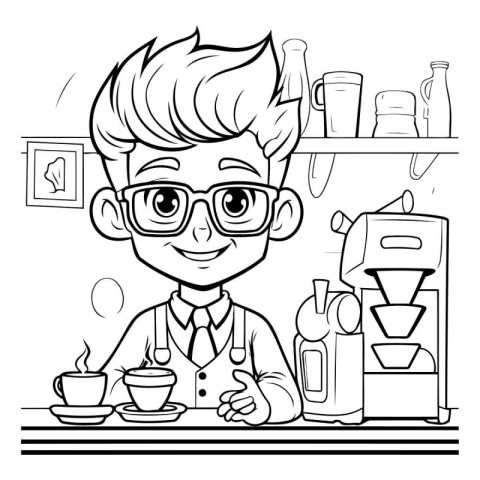 Coffee Shop Boy - Black and White Cartoon Illustration. Vector